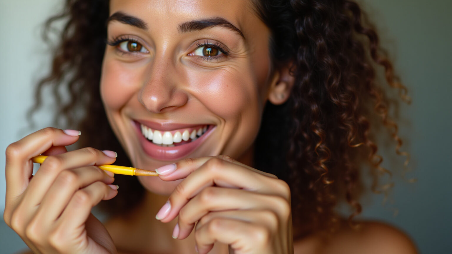 Mulher brasileira sorrindo aplicando receita caseira para fortalecer as unhas.