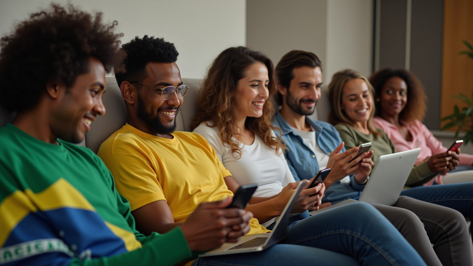 Brasileiros conferindo fontes eleitorais oficiais em dispositivos.