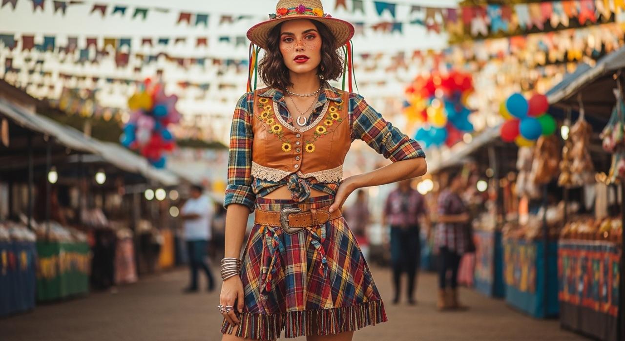 look festa junina shooting de blogueira no brasil Mix de Couro e Xadrez