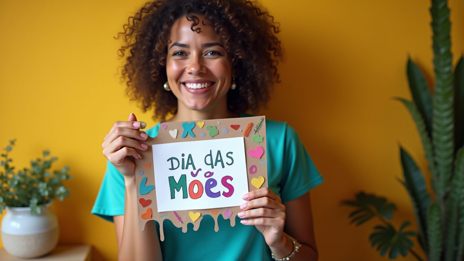Mulher brasileira sorrindo ao segurar um cartão feito à mão para o Dia das Mães.