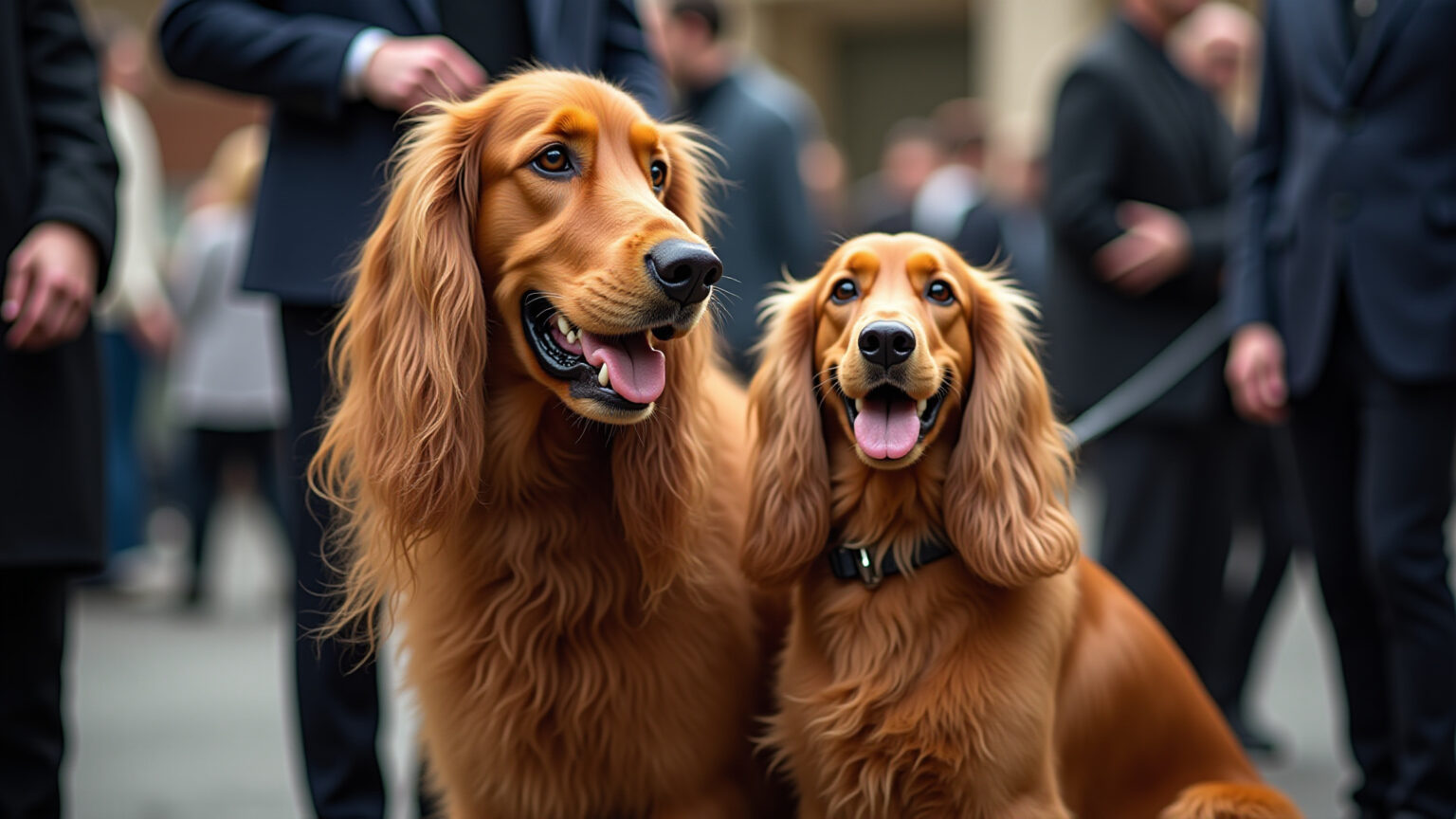 Cachorros elegantes em exposição canina sofisticada.