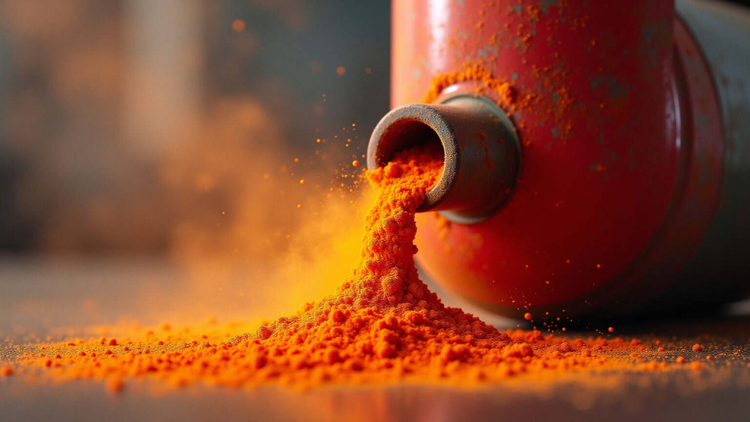 Extintor de incêndio vencido com vazamento de pó.