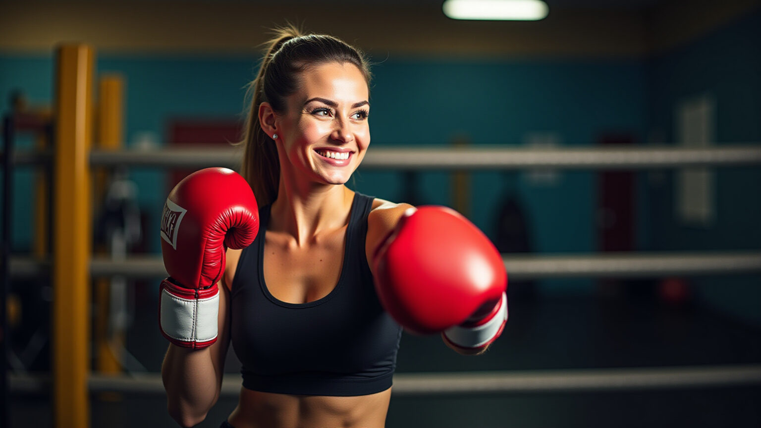 Mulher treinando Muay Thai com luvas de boxe.