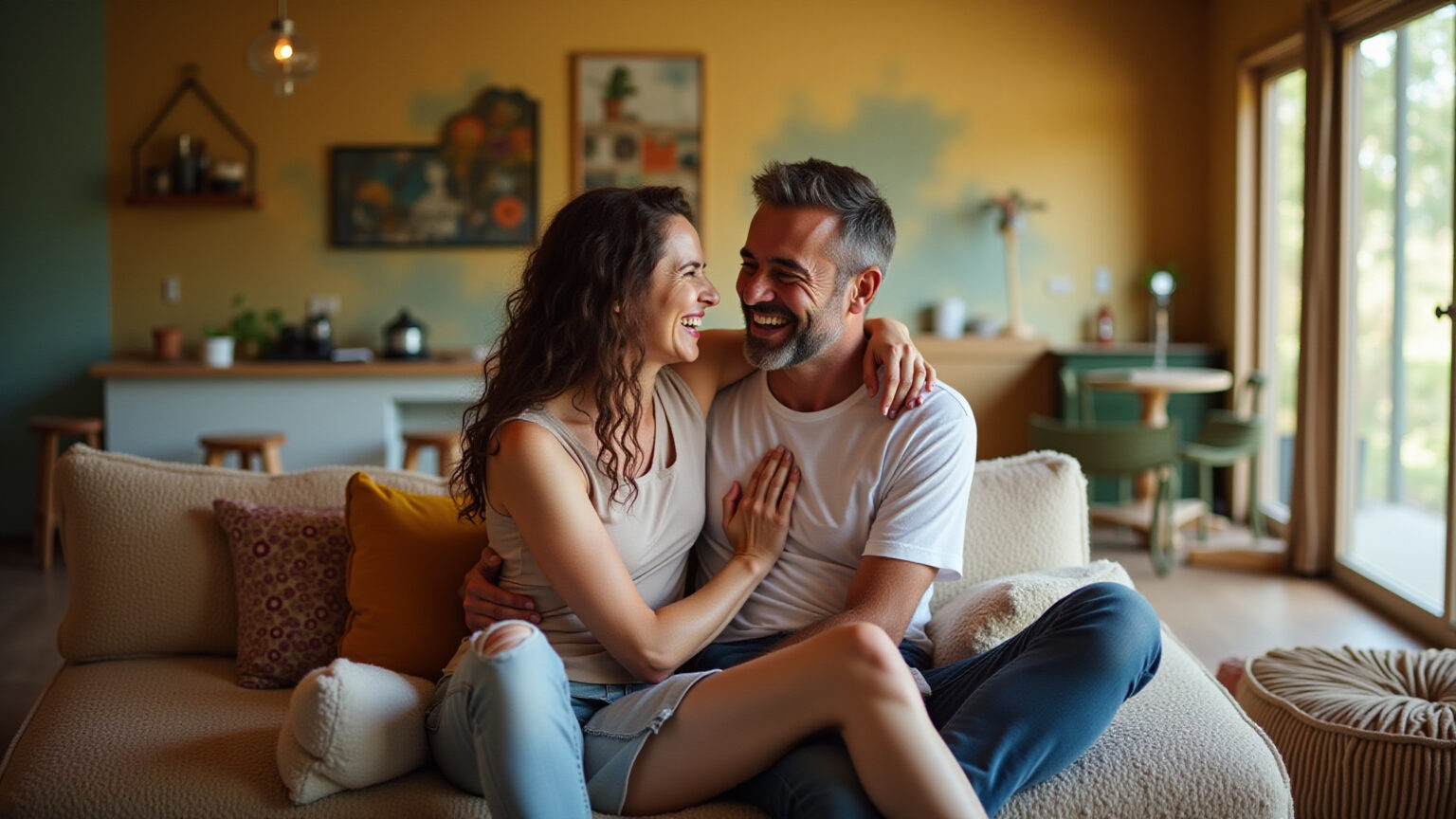 Casal brasileiro feliz reacendendo a paixão em casa.
