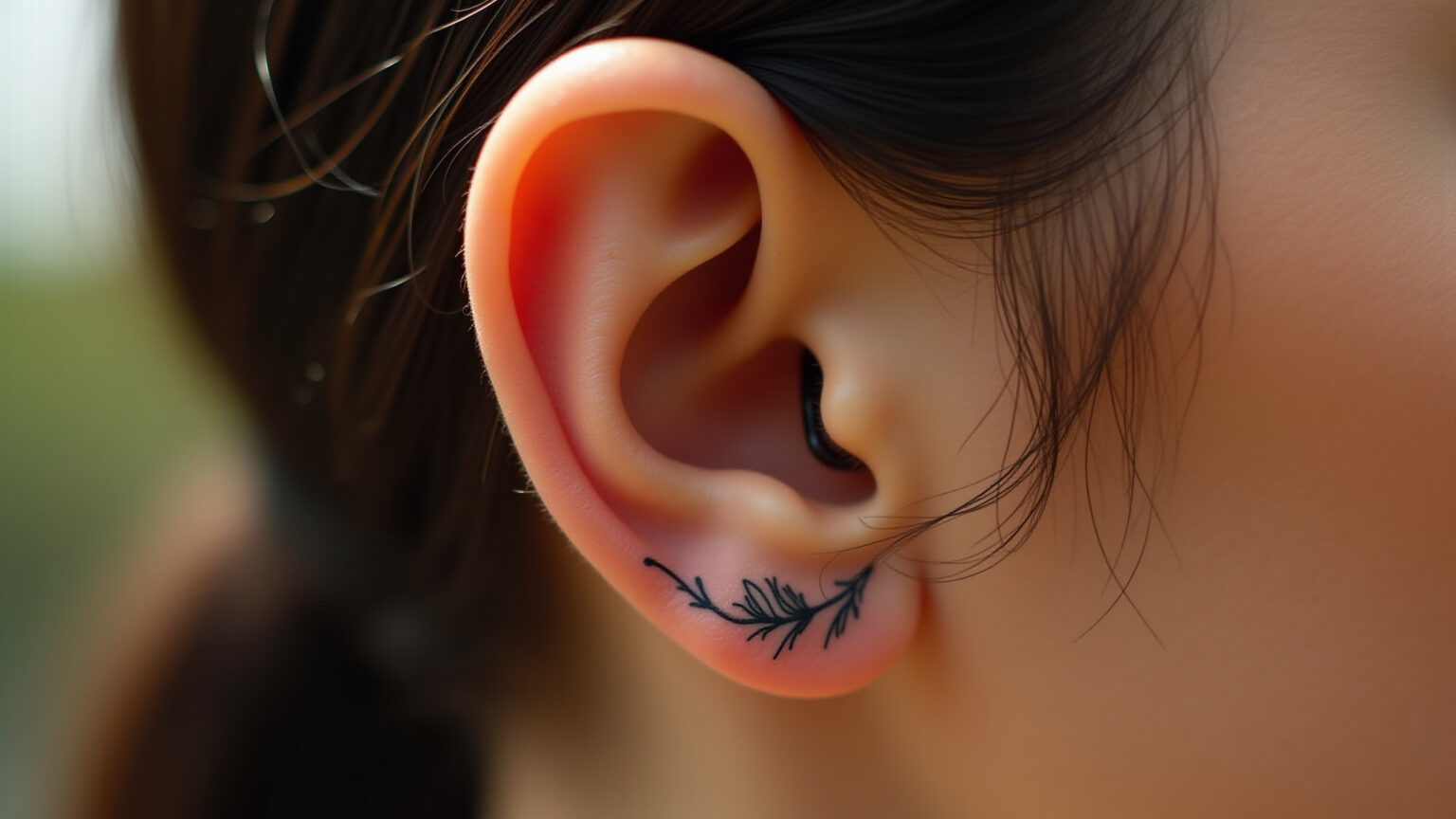 Mulher brasileira com tatuagem delicada de flor na orelha.