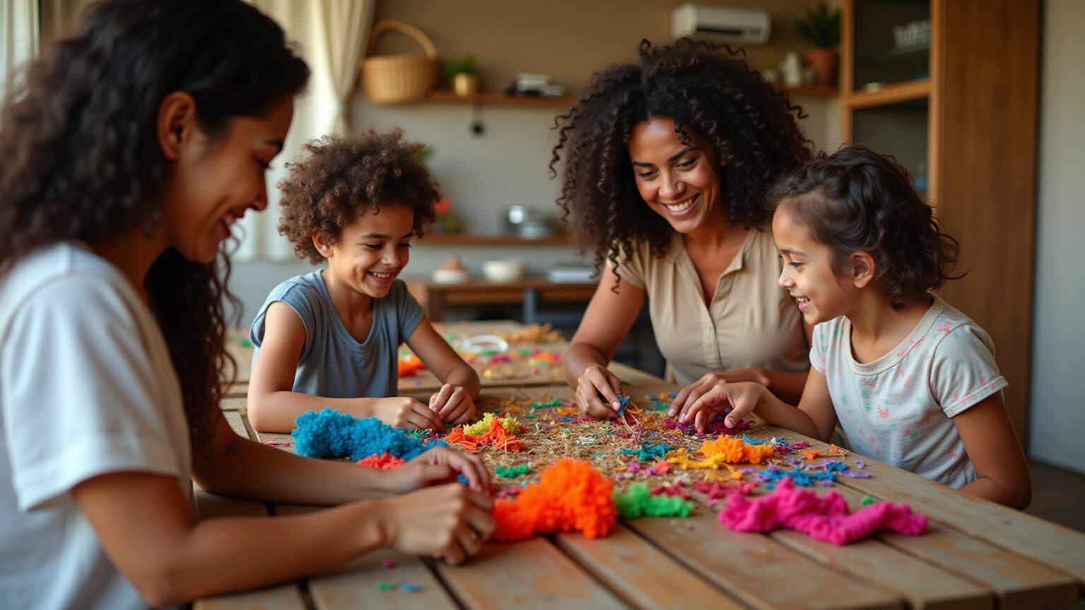 Família brasileira montando lembrancinhas de Festa Junina artesanais e criativas.