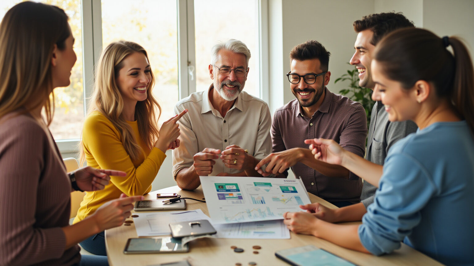 Pessoas diversas sorrindo e apontando para símbolos financeiros, representando como dinheiro comunica.