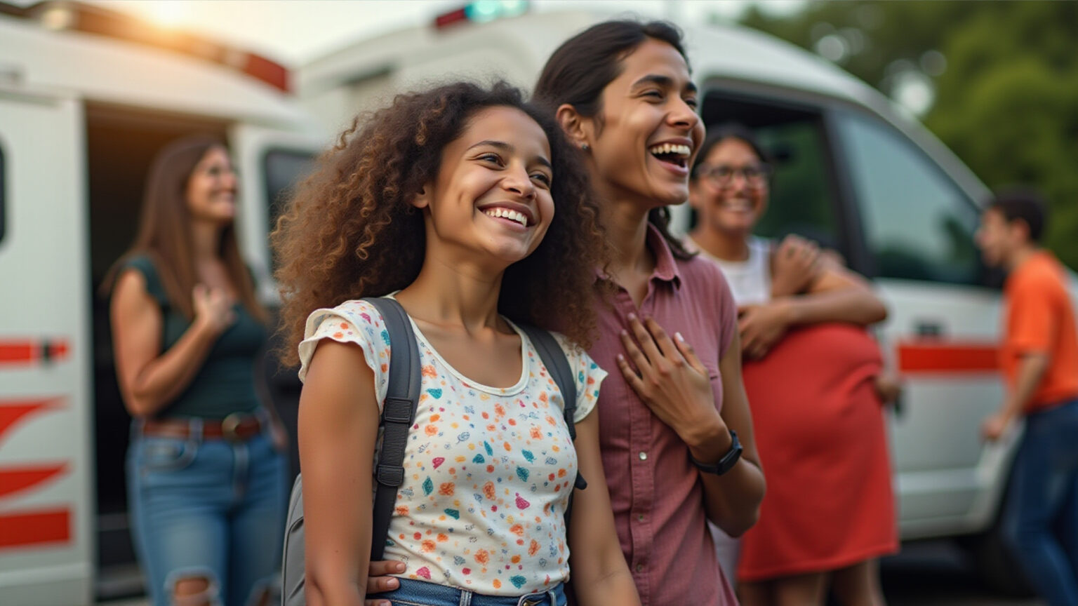 Família brasileira sorrindo perto de uma ambulância particular, transmitindo alívio e esperança.