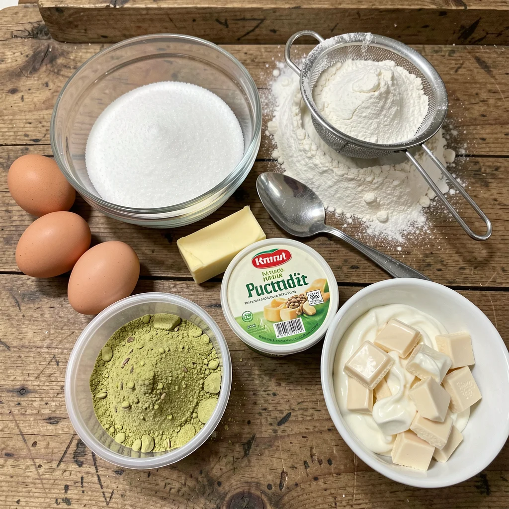 Ingredients for pistachio and white chocolate cake laid out on a wooden counter.
