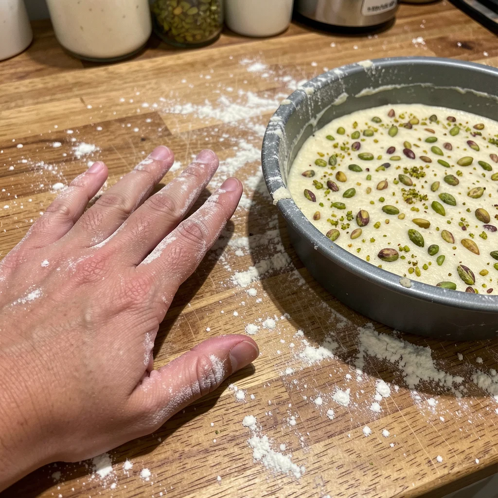 A close-up of a floured hand resting on a wooden counter near a cake pan, symbolizing the preparation of a cake.