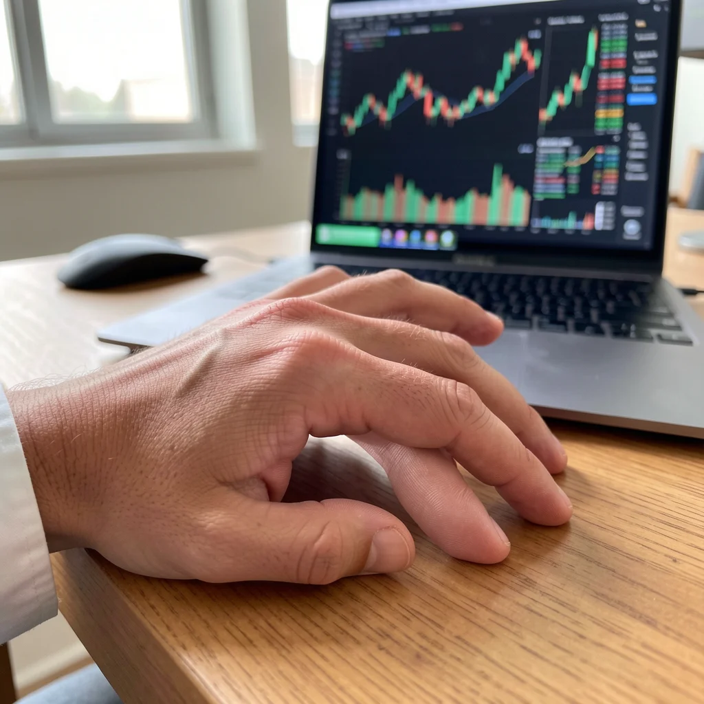 Close-up of a hand on a desk with financial charts on a laptop screen, representing AI in investments.