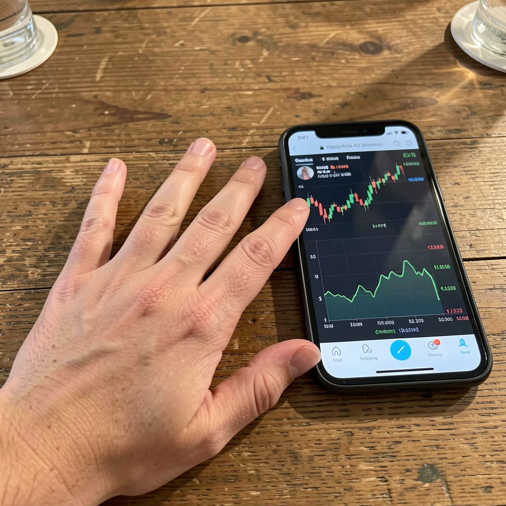 Hand on table with smartphone showing financial data, representing AI in investments