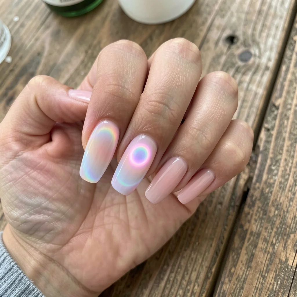 Close-up of a hand with a gel nail featuring the aura effect, showing a soft color gradient.