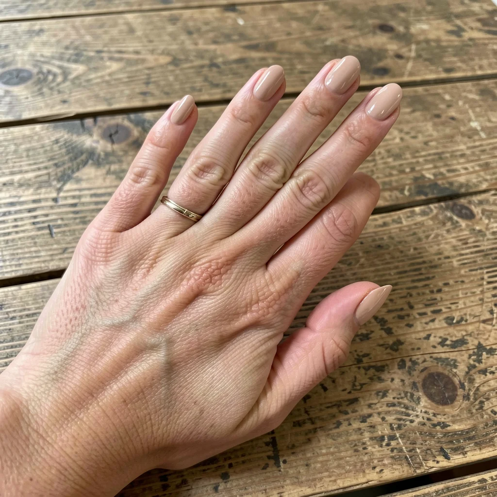 Close-up of a hand with nude gel nails on a wooden table