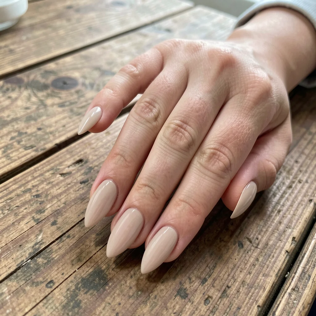 Close-up of a hand with almond-shaped gel nails on a wooden table, Brazilian UGC style.