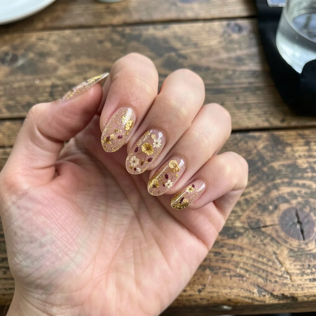 Close-up of a hand with encapsulated gold glitter and dried flower petal gel nails.