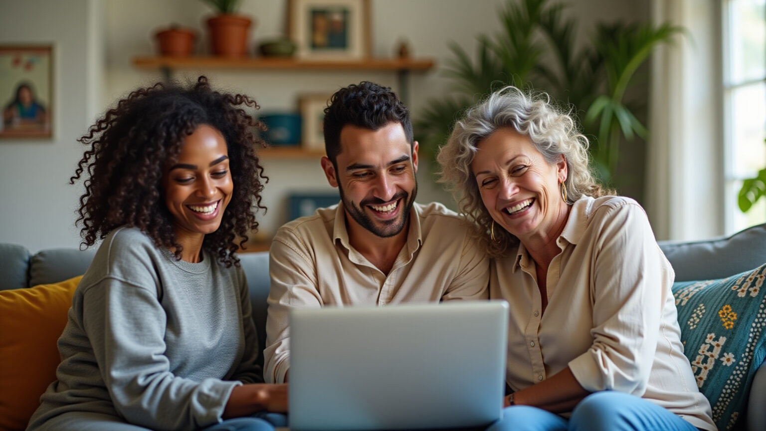 Pessoas brasileiras sorrindo ao usar antivírus em laptop em casa aconchegante.