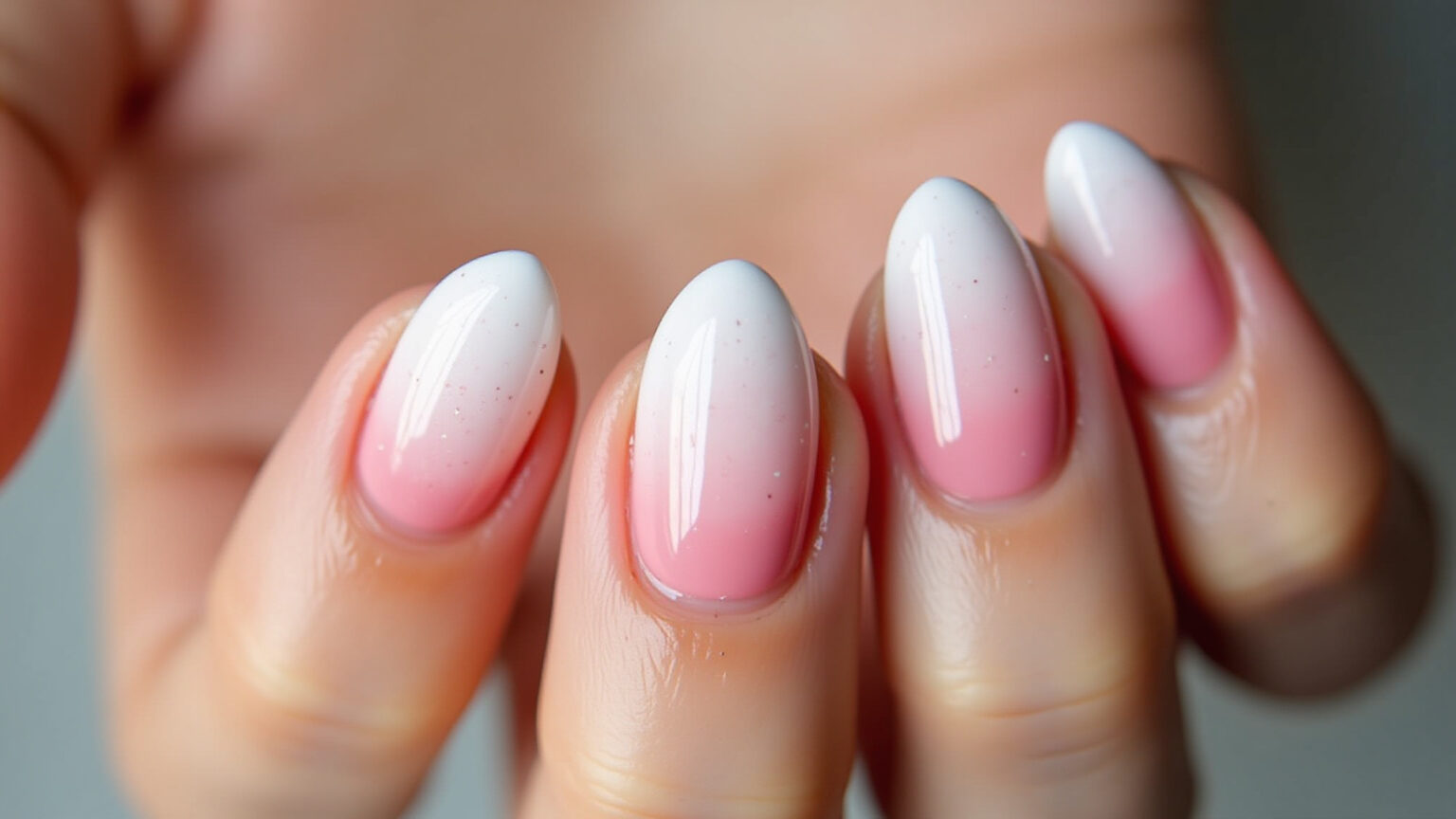Unhas de gel delicadas no formato amendoado com design Baby Boomer e tons pastéis.