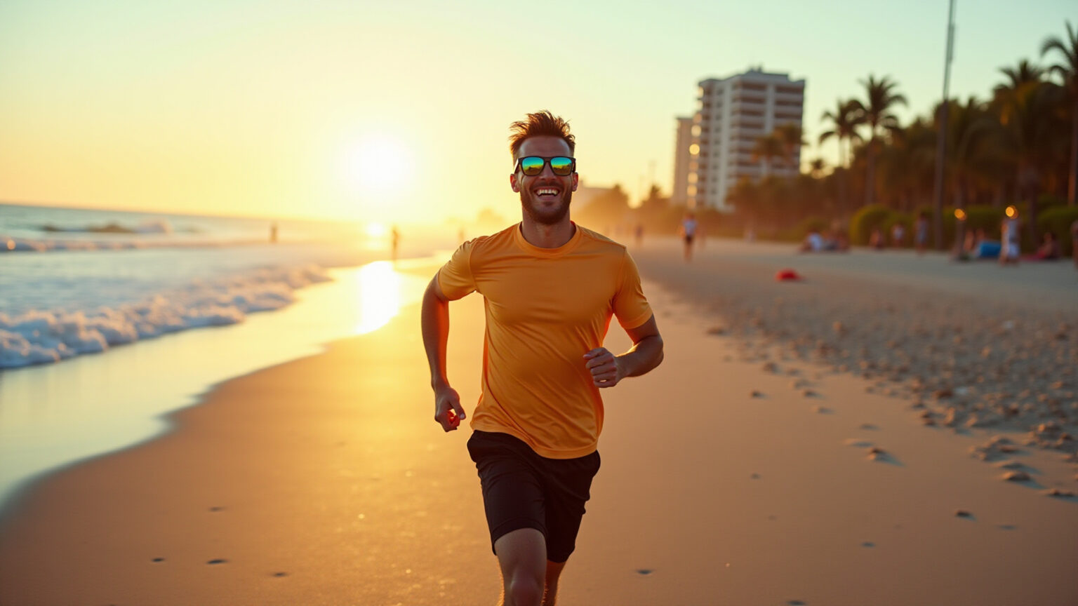 Homem brasileiro correndo na praia com óculos de sol esportivos de lente espelhada.