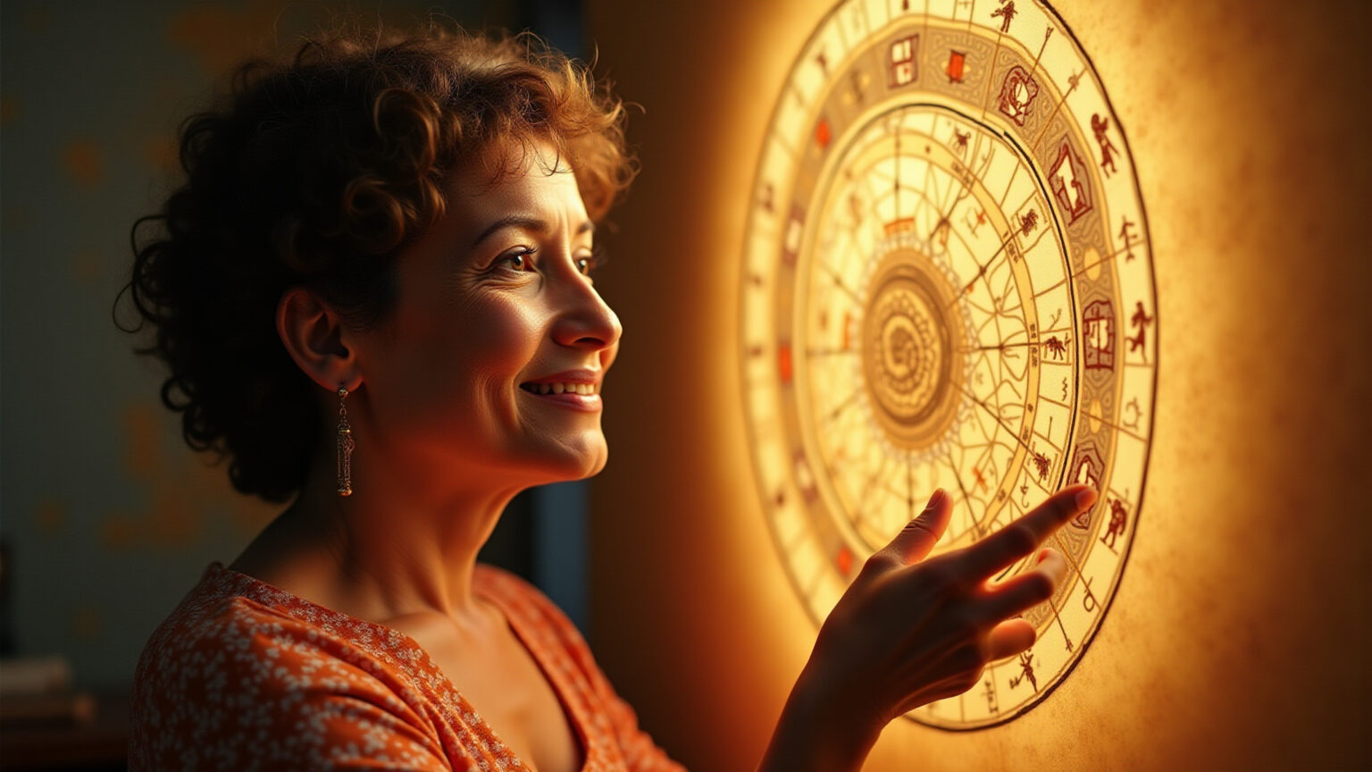 Mãe brasileira conectada com astrologia e maternidade sob luz dourada.