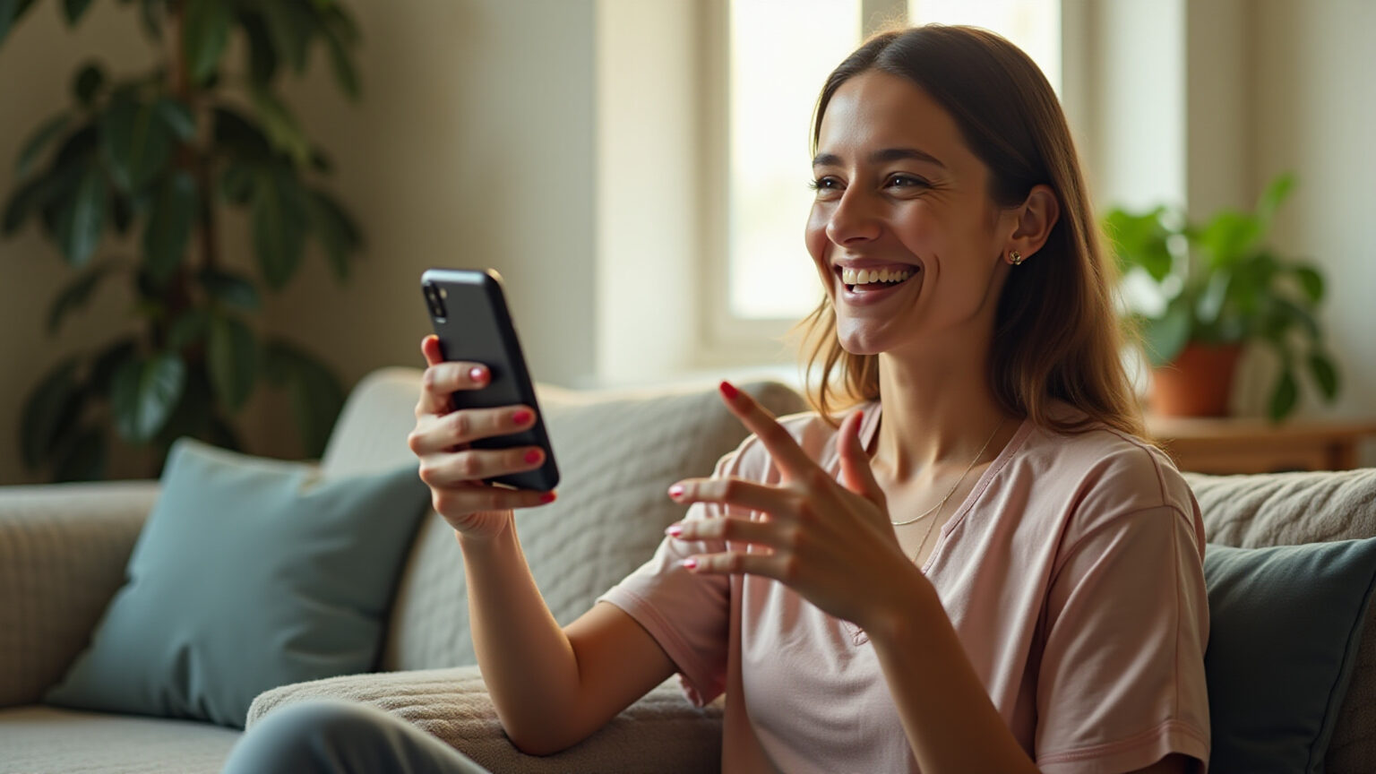 Mulher brasileira sorrindo ao ler mensagem de bom dia no celular em um ambiente aconchegante.