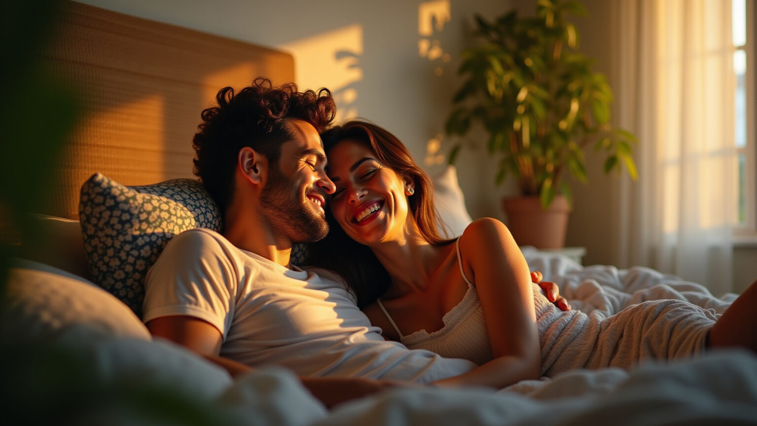 Casal brasileiro sorrindo em quarto aconchegante antes de dormir.