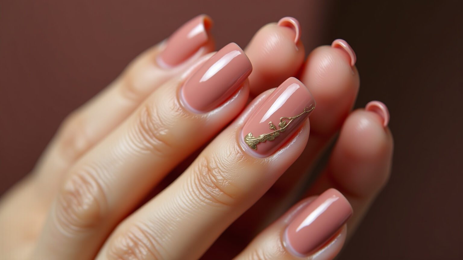 Mãos com unhas decoradas em rosa antigo com detalhes em folha de ouro.
