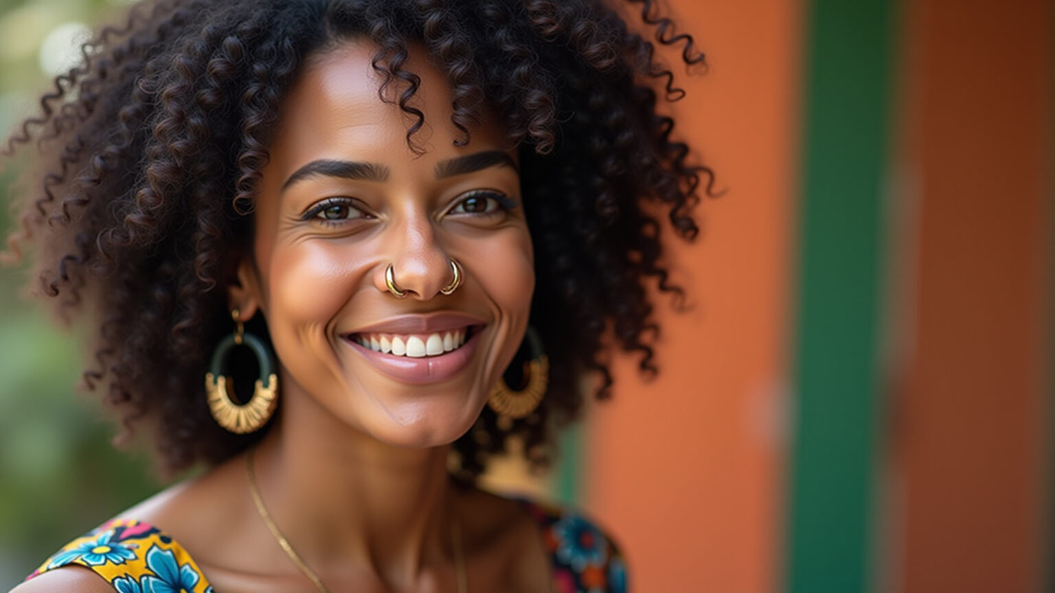 Mulher brasileira sorrindo com piercing argola no nariz, estilo vibrante.