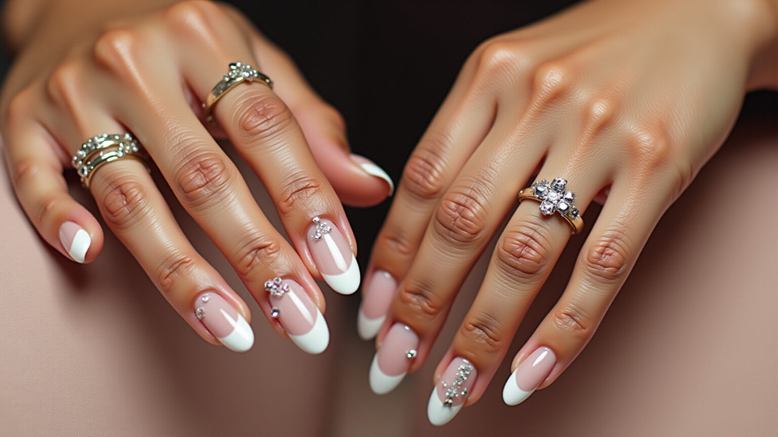 Mulheres brasileiras com unhas stiletto decoradas delicadamente em tons suaves e minimalistas.