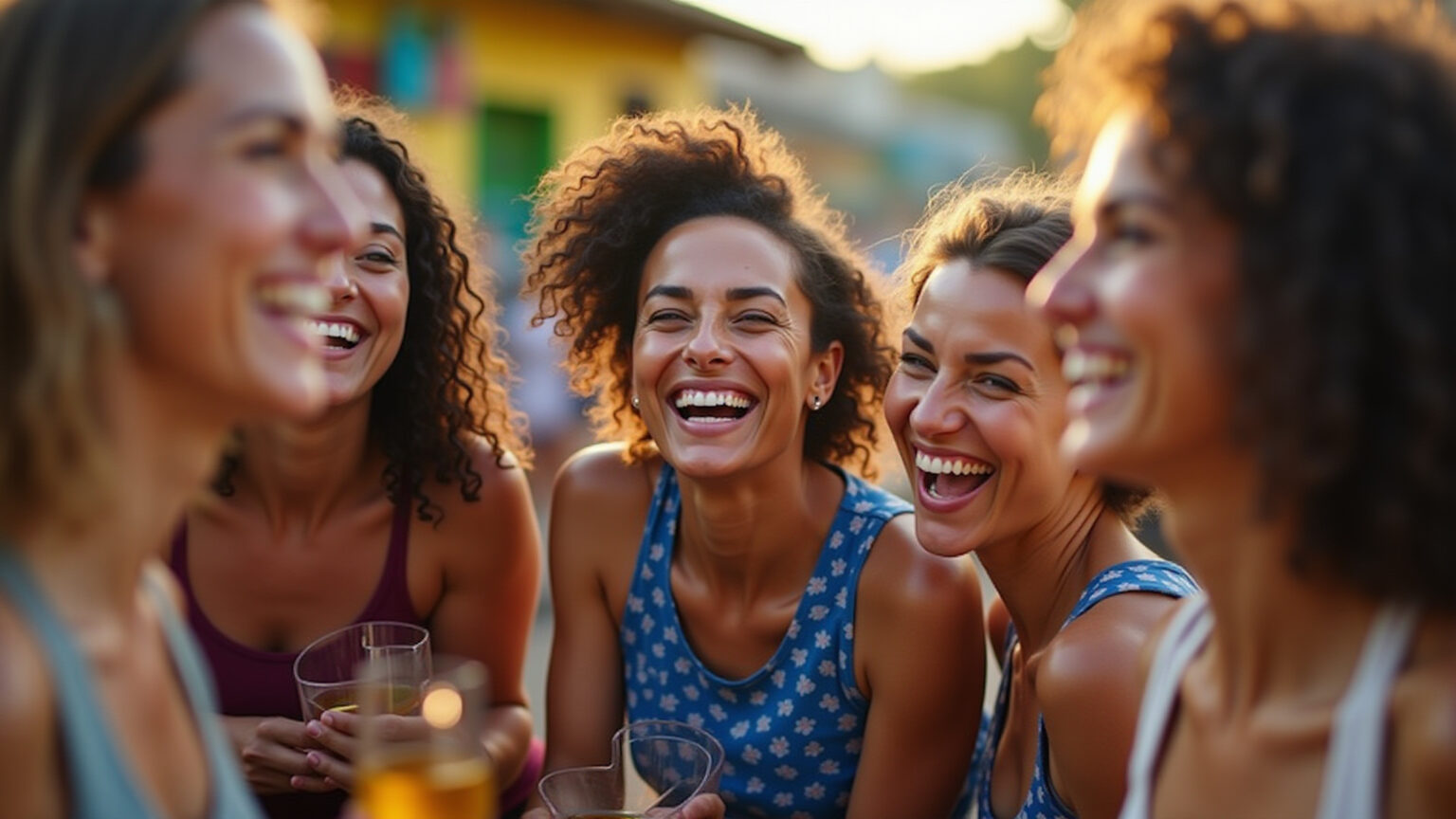Pessoas brasileiras sorrindo e celebrando juntas em um ambiente vibrante.