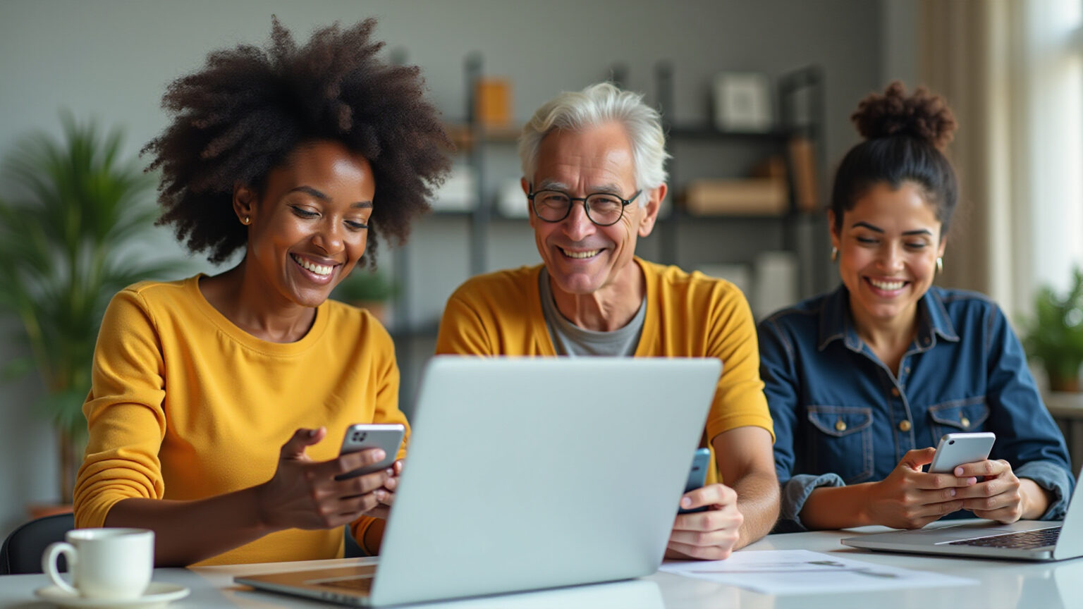 Brasileiros sorrindo usando tecnologia para consultar CEP em casa.