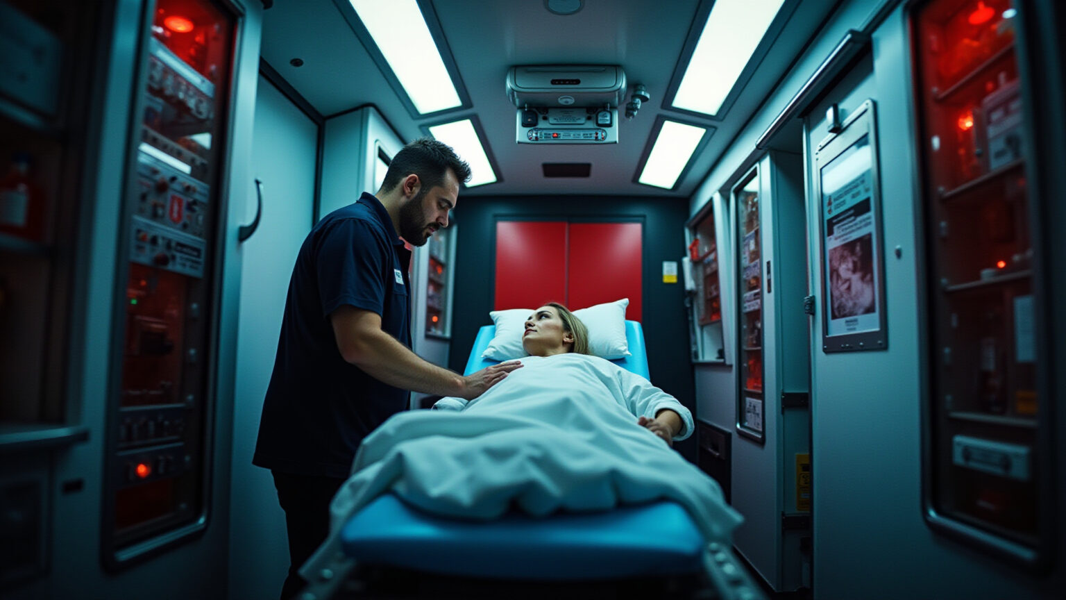 Interior de ambulância particular moderna com paramédico atendendo paciente.