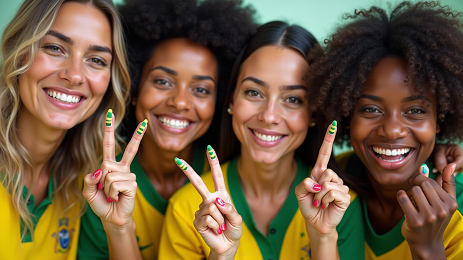 Mulheres brasileiras com unhas decoradas para a Copa do Mundo 2026, comemorando com alegria.