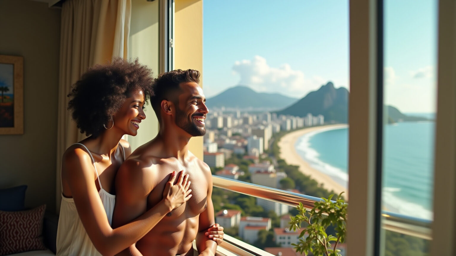 Casal sorrindo em apartamento luxuoso no Leblon com vista para o mar.