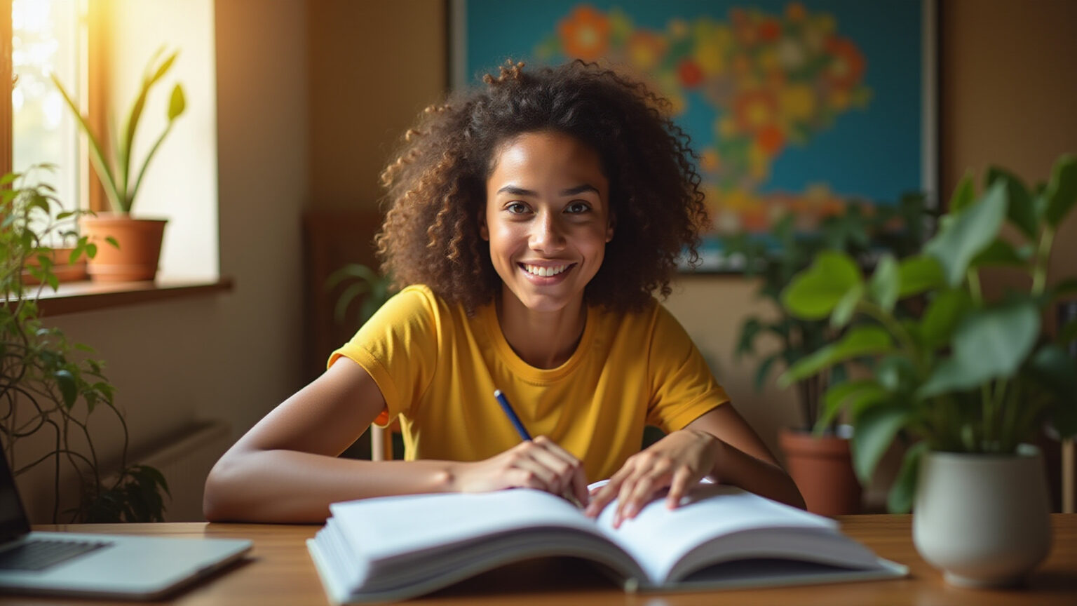Jovem brasileiro estudando Direito com esperança, em ambiente inspirador.