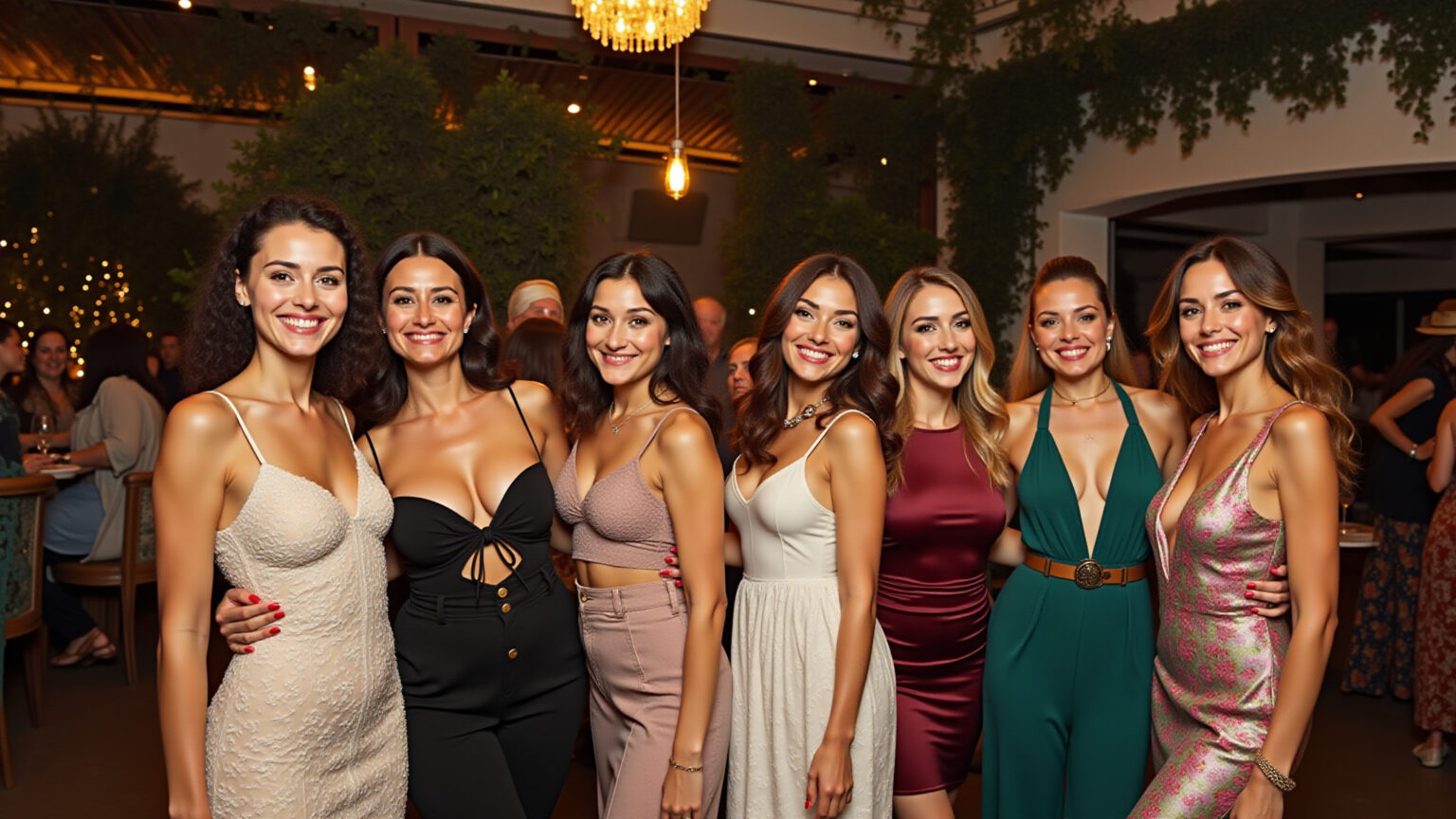 Mulheres brasileiras diversas em looks de festa estilosos para 2026, celebrando com confiança.