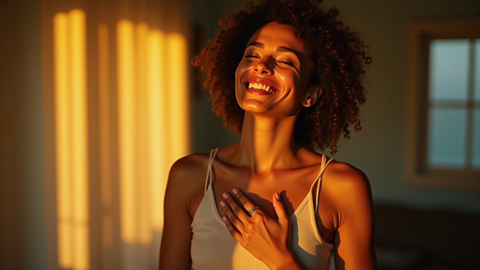 Mulher brasileira sorrindo, com as mãos no coração, recebendo bênçãos.