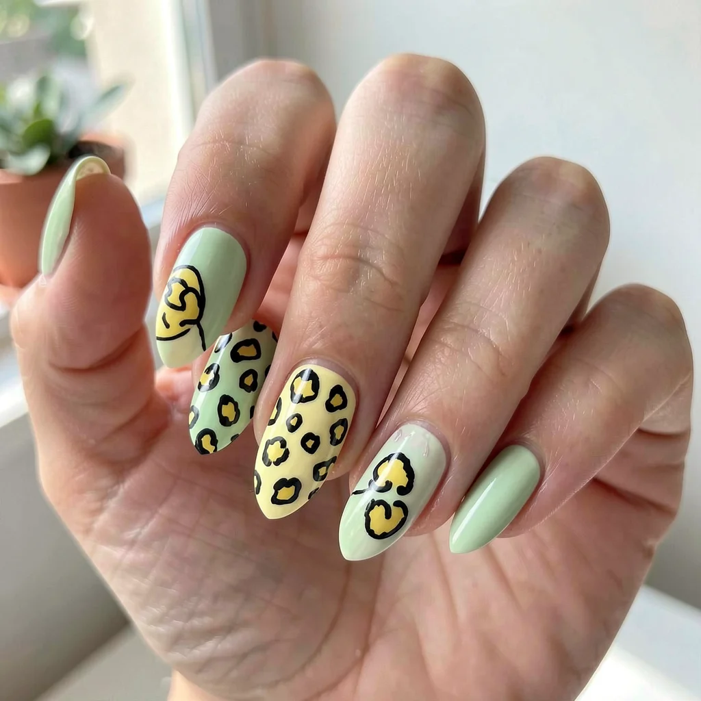 Unhas decoradas no estilo Brasilcore com as cores verde e amarelo, oncinha estilizada e contornos pretos, em close-up, para a Copa do Mundo.