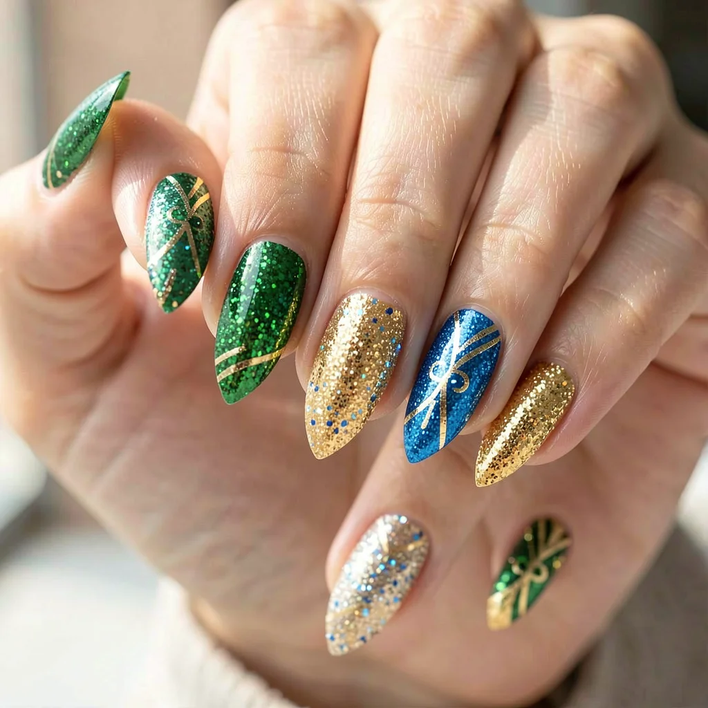 Unhas decoradas com glitter e metalizados em verde, dourado e azul, inspiradas na Copa do Mundo, em close-up com luz natural.