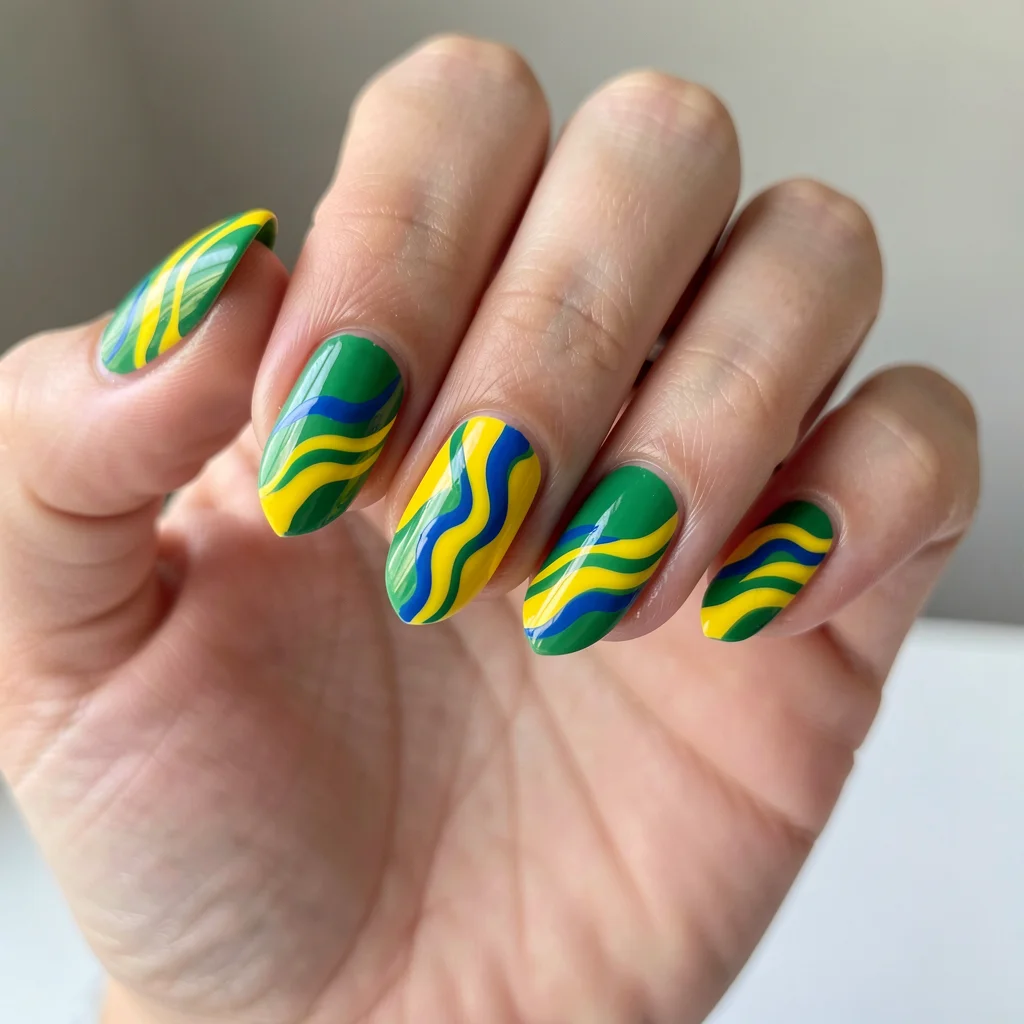Unhas decoradas com estilo abstrato e ondulado em verde, amarelo e azul, inspiradas nas cores do Brasil para a Copa do Mundo.