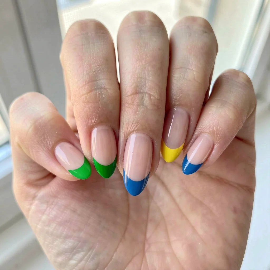 Unhas decoradas estilo francesinha com detalhes em verde, amarelo e azul, inspiradas na Copa do Mundo, em close-up.