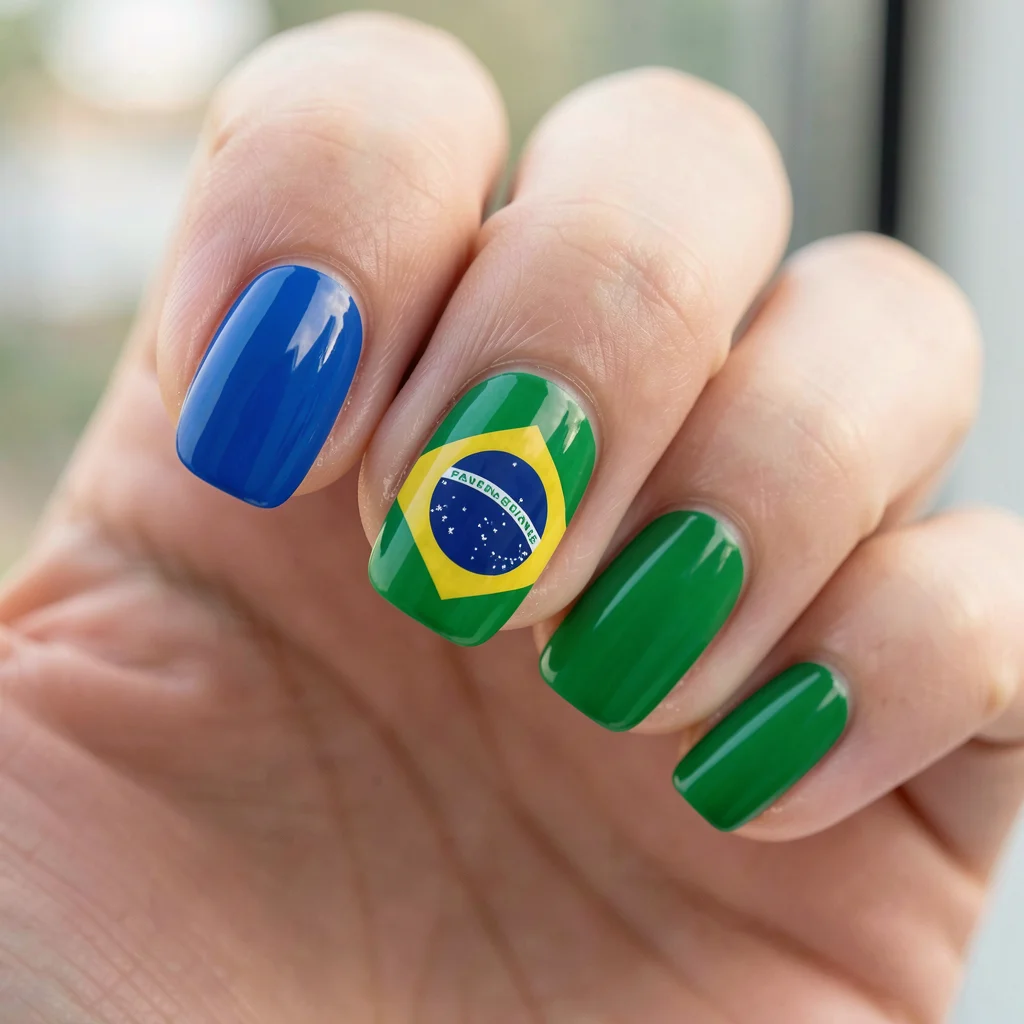 Unhas decoradas para a Copa do Mundo com destaque para uma unha com a bandeira do Brasil e as outras em tons de azul e verde.