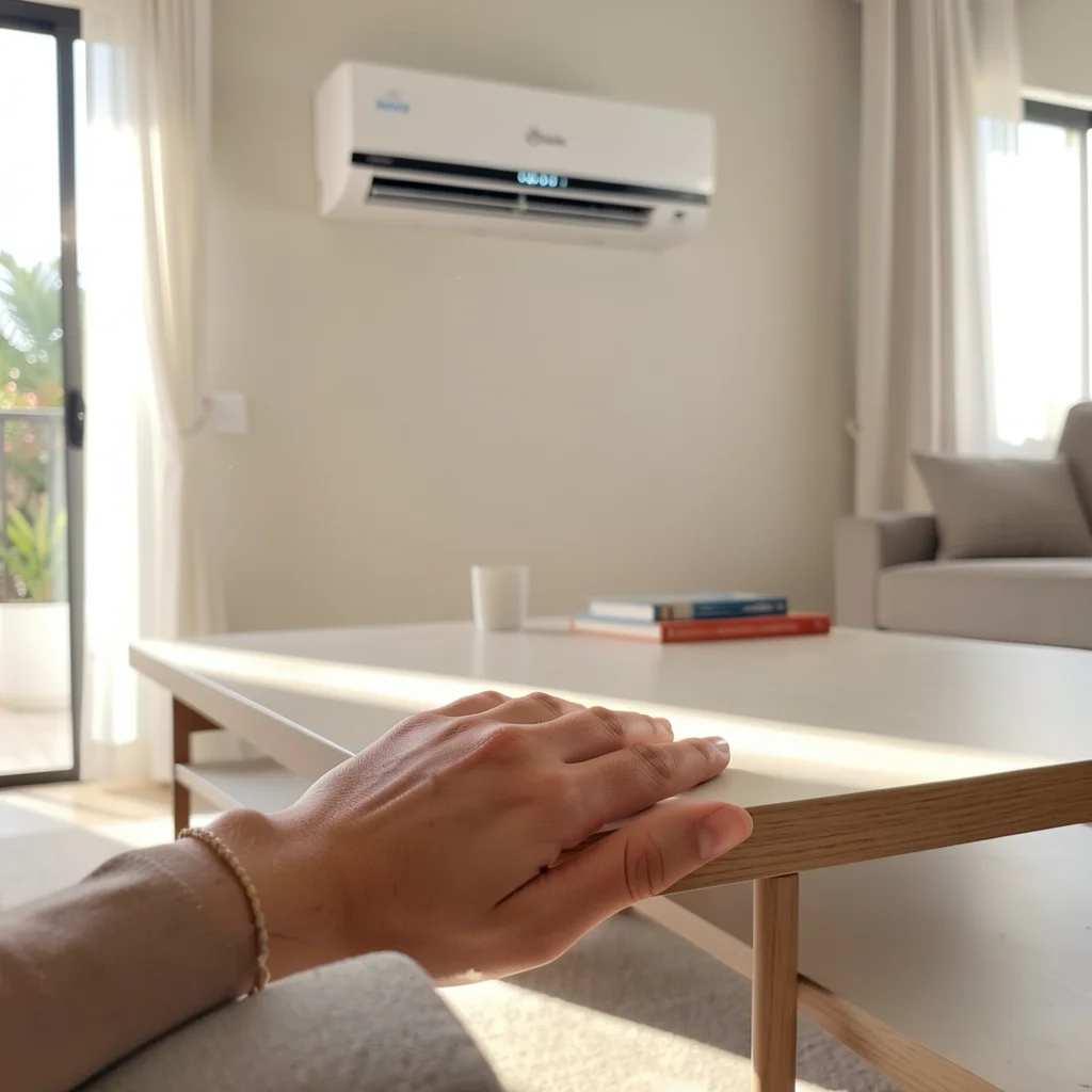 Close-up of a hand with five fingers resting on a coffee table, with a Midea Xtreme Save Connect air conditioner visible in the background.