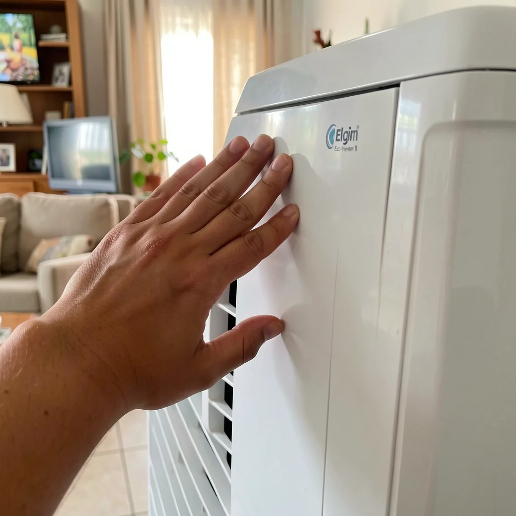 Close-up of a hand touching an Elgin Eco Inverter II air conditioner, emphasizing its design in a Brazilian home setting.