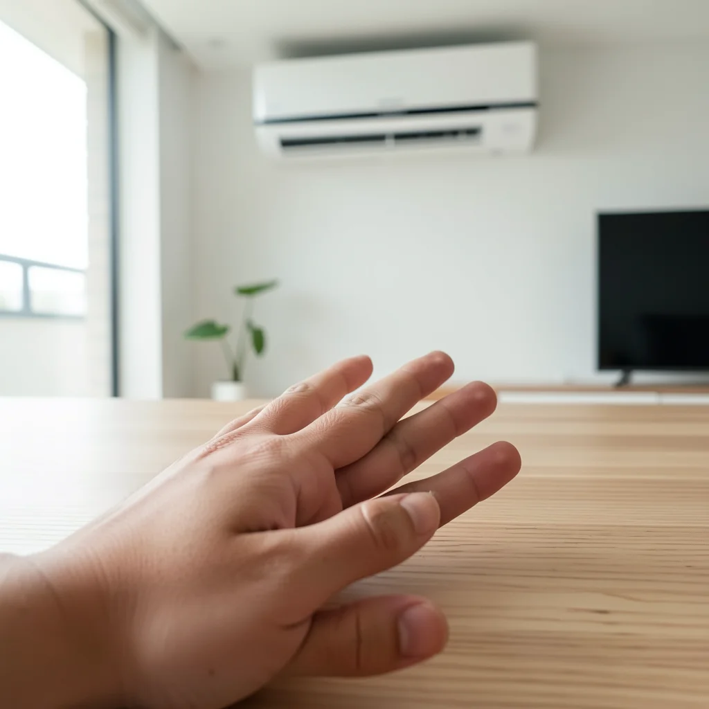 Close-up of a hand near a Samsung WindFree Connect air conditioner, emphasizing comfort and modern design.