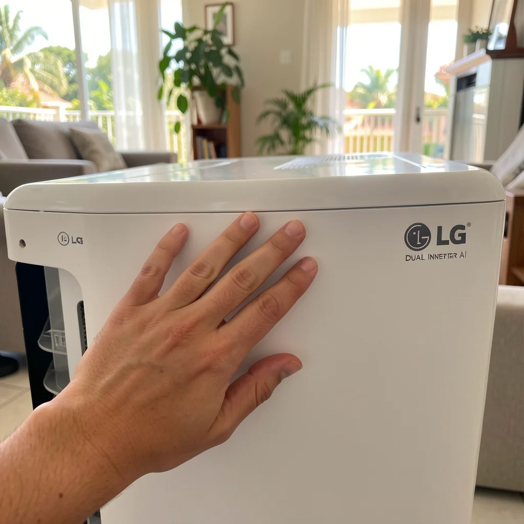 Close-up of a hand touching an LG Dual Inverter Compact AI air conditioner.