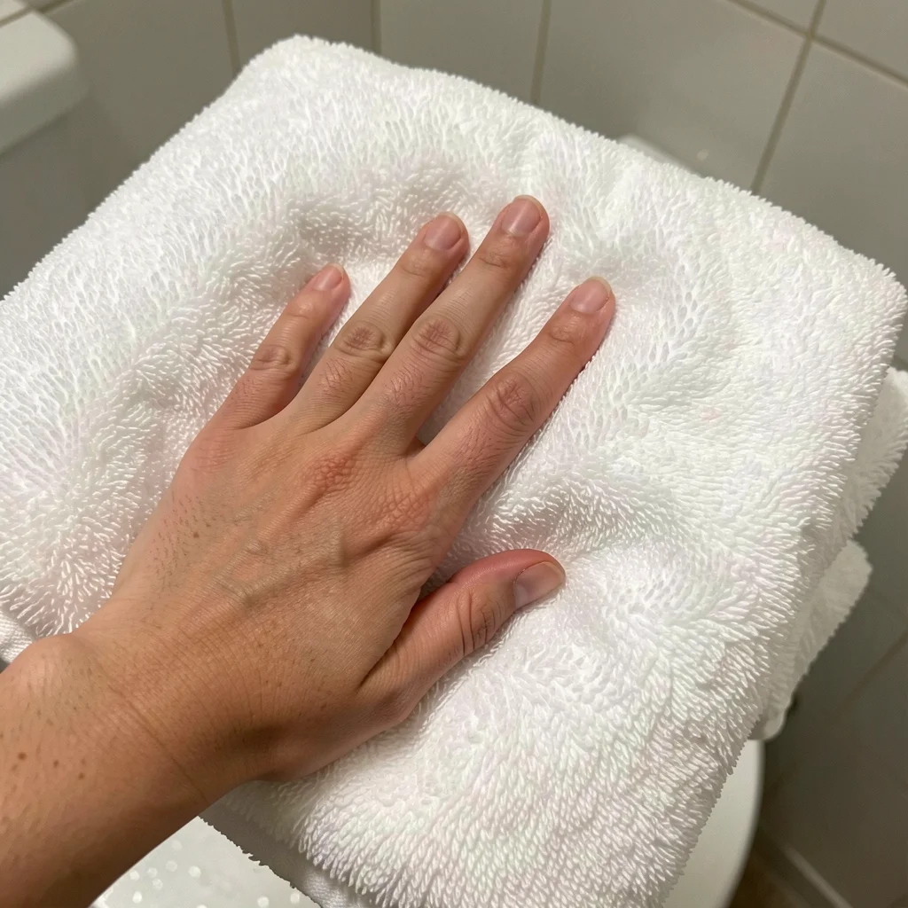 Close-up of a hand holding a soft, white bath towel, highlighting its texture and absorbency.
