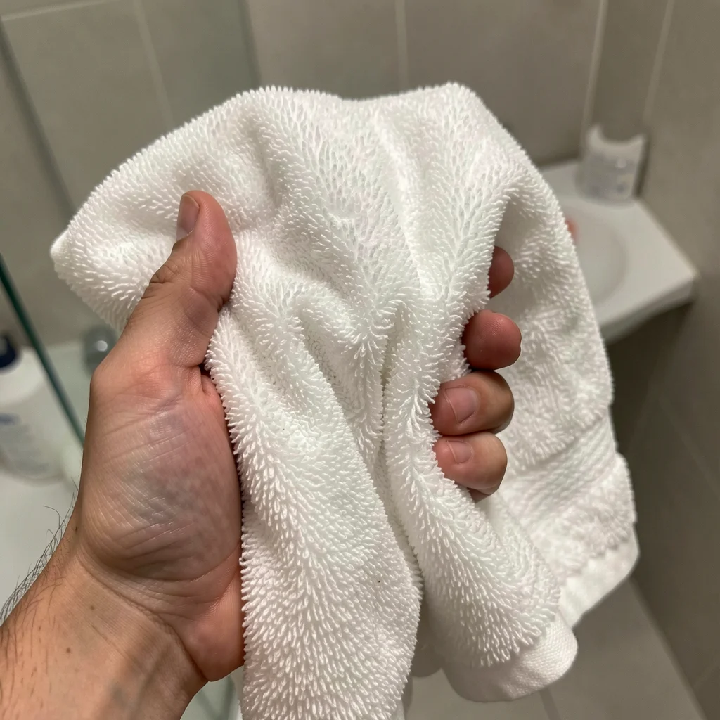 Close-up of a hand holding a thick, soft bath towel, highlighting its plush texture.