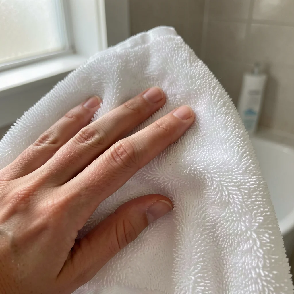 Close-up of a hand holding a soft bath towel, emphasizing its texture.