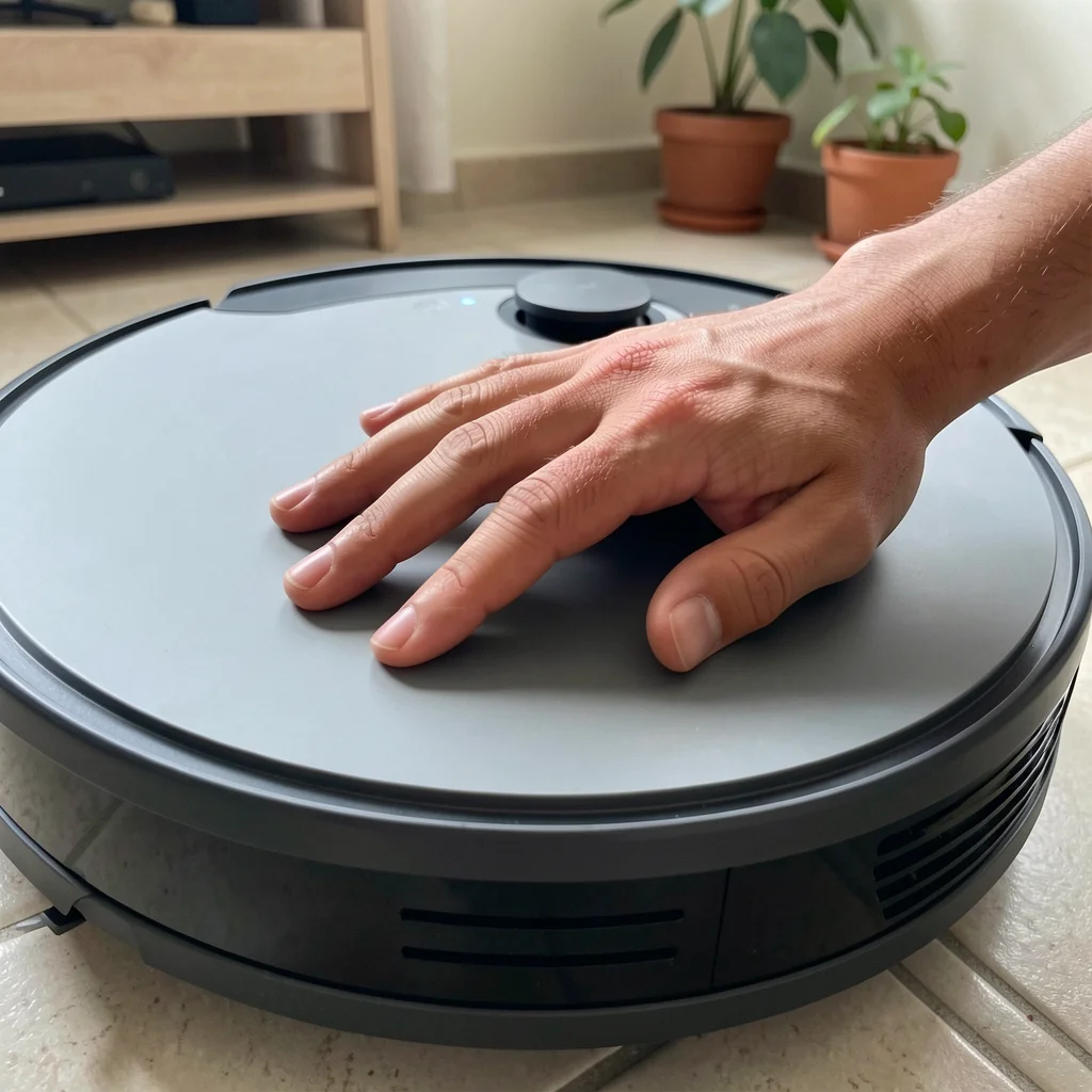 Close-up of a hand interacting with a smart robot vacuum cleaner, emphasizing technical choice.